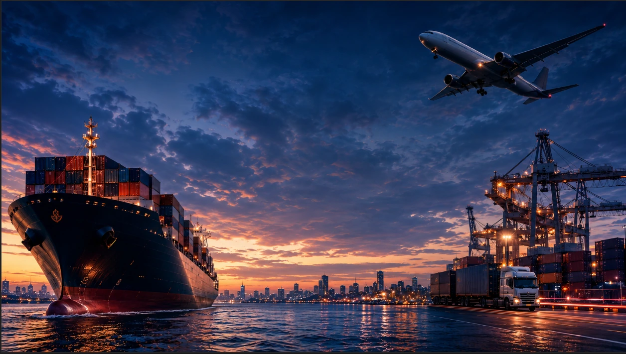 Global logistics port, cargo ship and air freight network