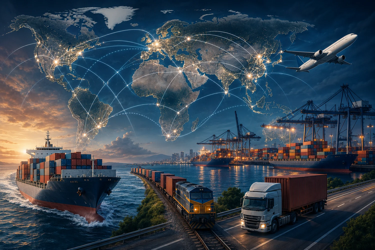 International freight routes and global shipping network